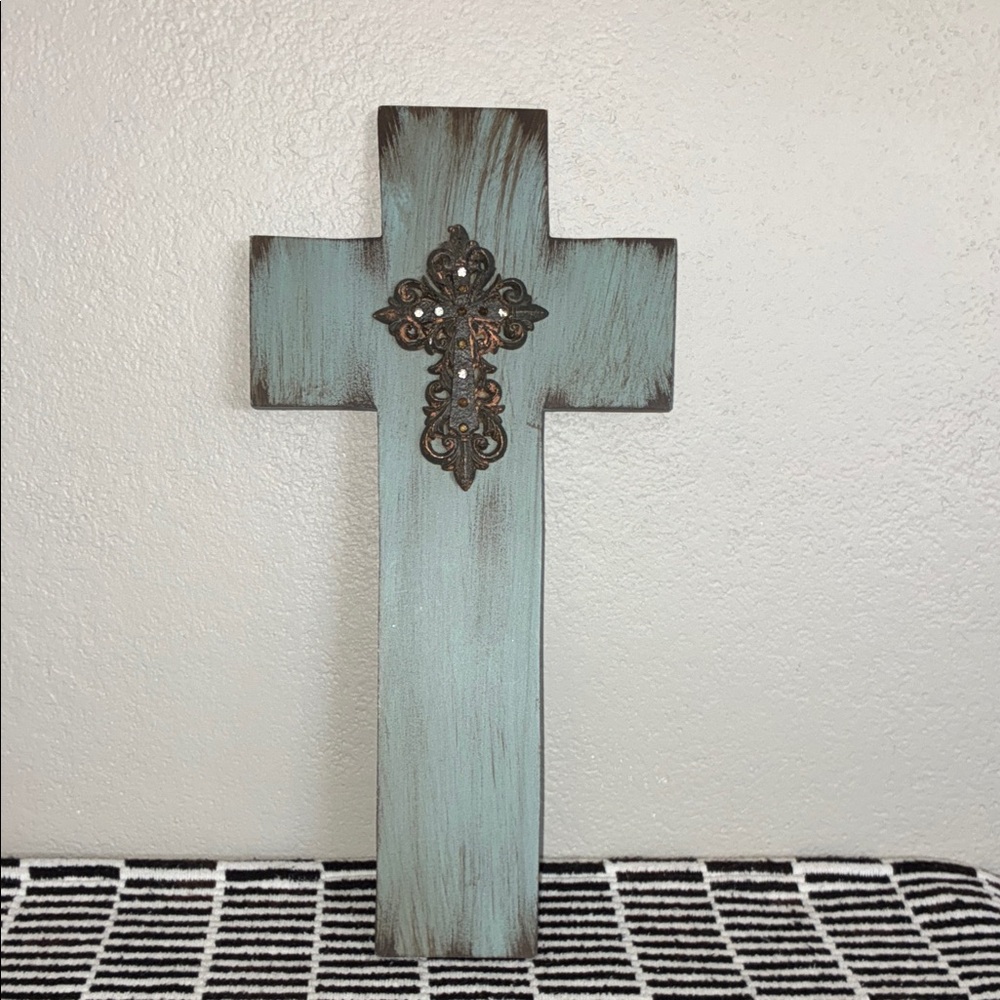 Shabby-chic Wooden Cross with Metal Accent